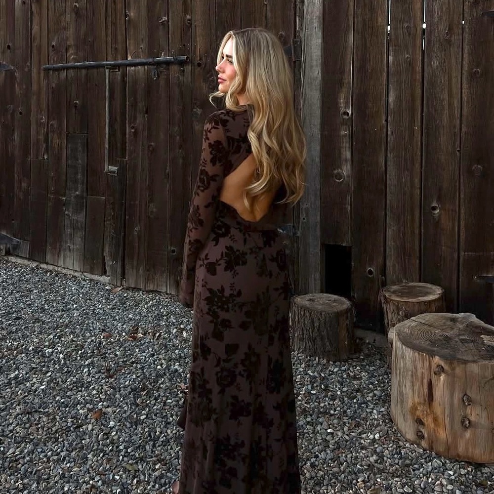 ZARA Long Floral Flocked Tulle Maxi Dress Open Back In Mink - Picture 5 of 13